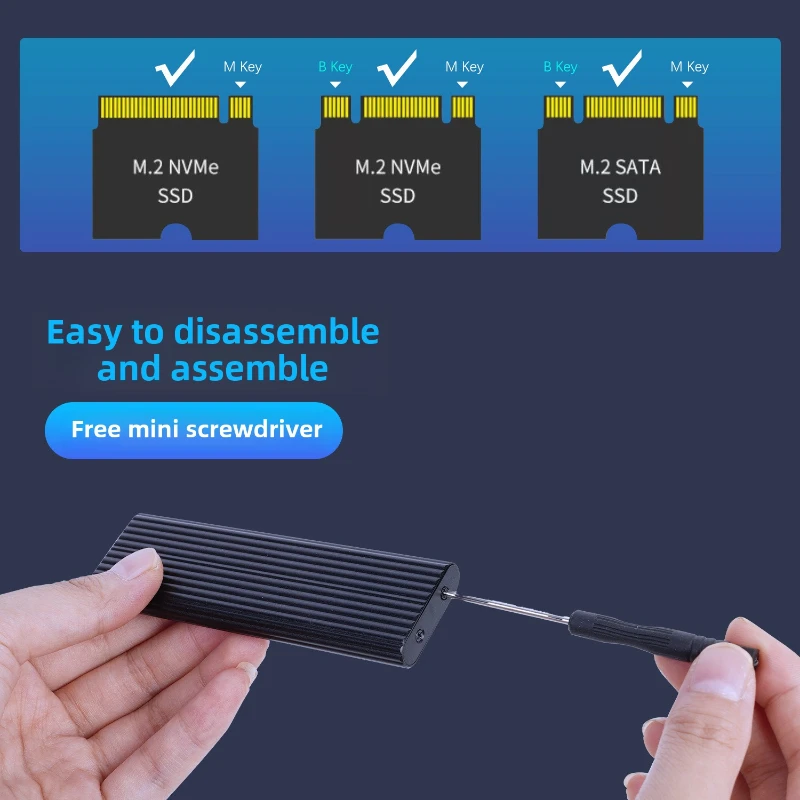 M2 SSD Case NVME M.2 Solid State Drive External Enclosure 2230/2242/2260/2280 M.2 To USBC 10Gbps SSD Aluminum Case for M/M+B Key