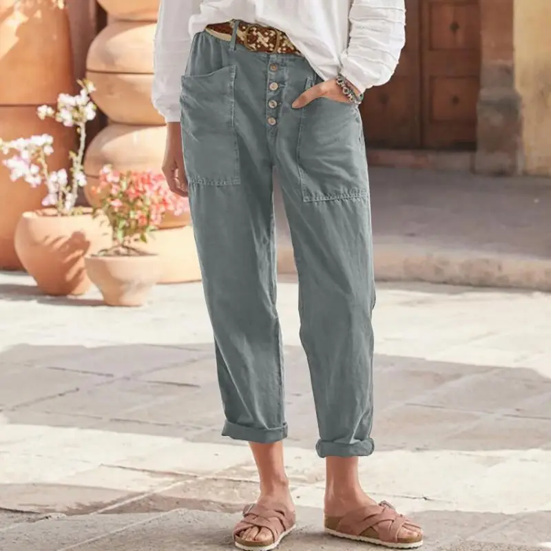 Women's Cotton Linen Cargo Pants Comfortable Casual Loose High Waist Big Pocket Harem Pants Straight Trousers Ladies Daily Wear