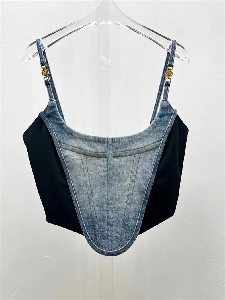 

2023 NEW Good Quality Spliced Fishbone Denim Suspender Vest Women's Summer Sexy Backless Short Outerwear Top