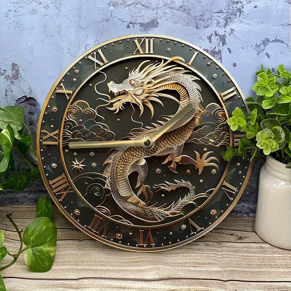 Wooden Wall Clock with Dragon Pattern: A Stylish Time - piece for Home or Office, Runs on AA Batteries 5