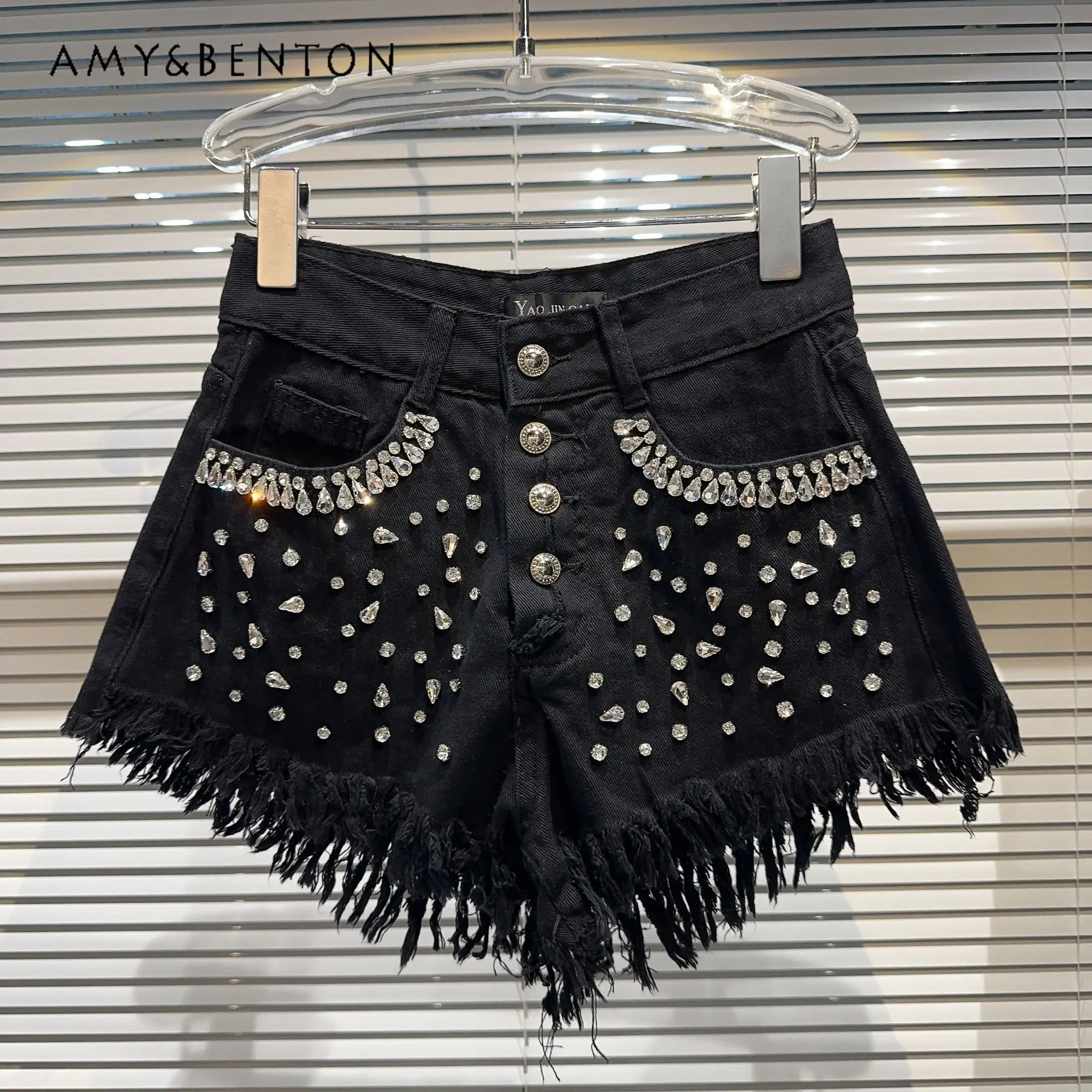 Spring New Street Hot Girl Rhinestone Beaded Tassel Denim Shorts Women Fashionable Elegant Y2K High Waist Slim Wide Leg Pants