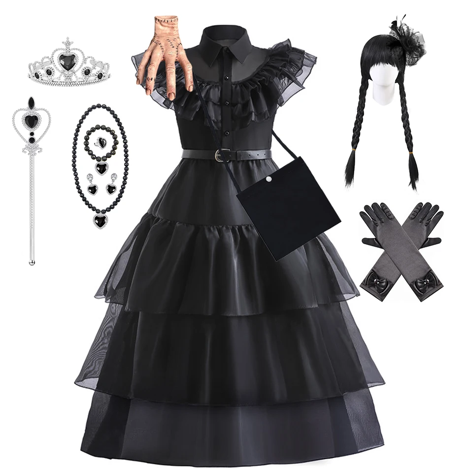 

Girls Wednesday Cosplay Dress Halloween Dress Up Costume Children Black Fluffy Frocks Summer School Day Casual Outfits