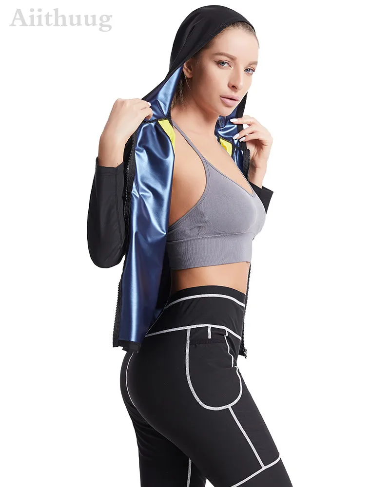 Aiithuug Gym Workout Hoodie Shaper Zipper Long Sleeve Sport Fitness Tops Sauna Suit Hot Sweat Waist Trainer Jacket Body Shapers shapewear bodysuit