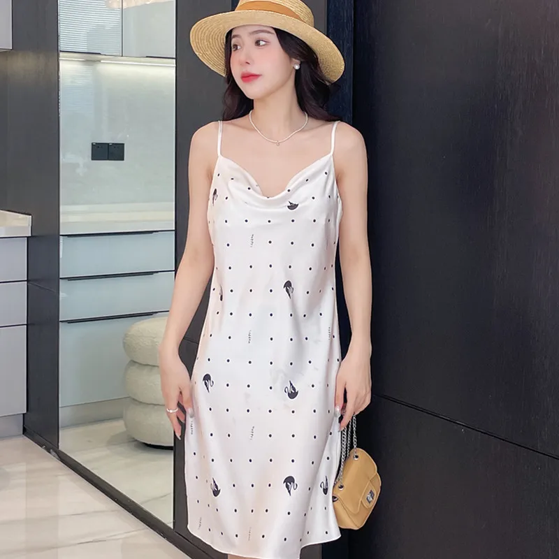 New Silk Home Clothes Woman Pjs Summer Sling Sexy Nightdress Satin Printed Night Women Sleepwear Girl Sleeveless Outerwear Dress