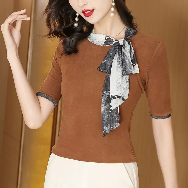 

2024 Elegant Fashion Harajuku Slim Fit Female Clothes Loose Casual All Match Tshirts Stand Collar Insert Short Sleeve T-shirts