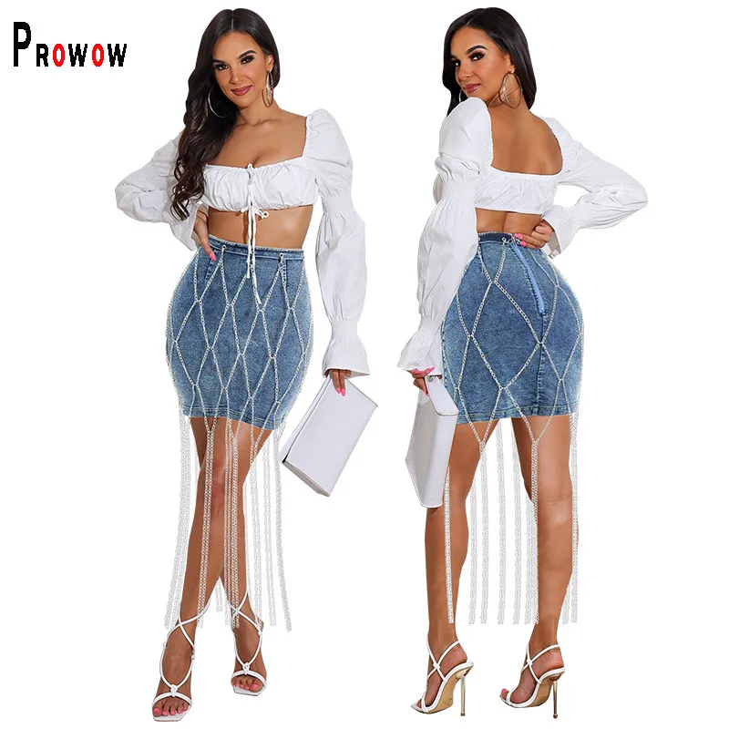 

Prowow Women Denim Skirts Fashion Chain Tassel Skirt for Lady Blue Zipper High Waisted Boutique Bottoms Clothing 2023 New Style