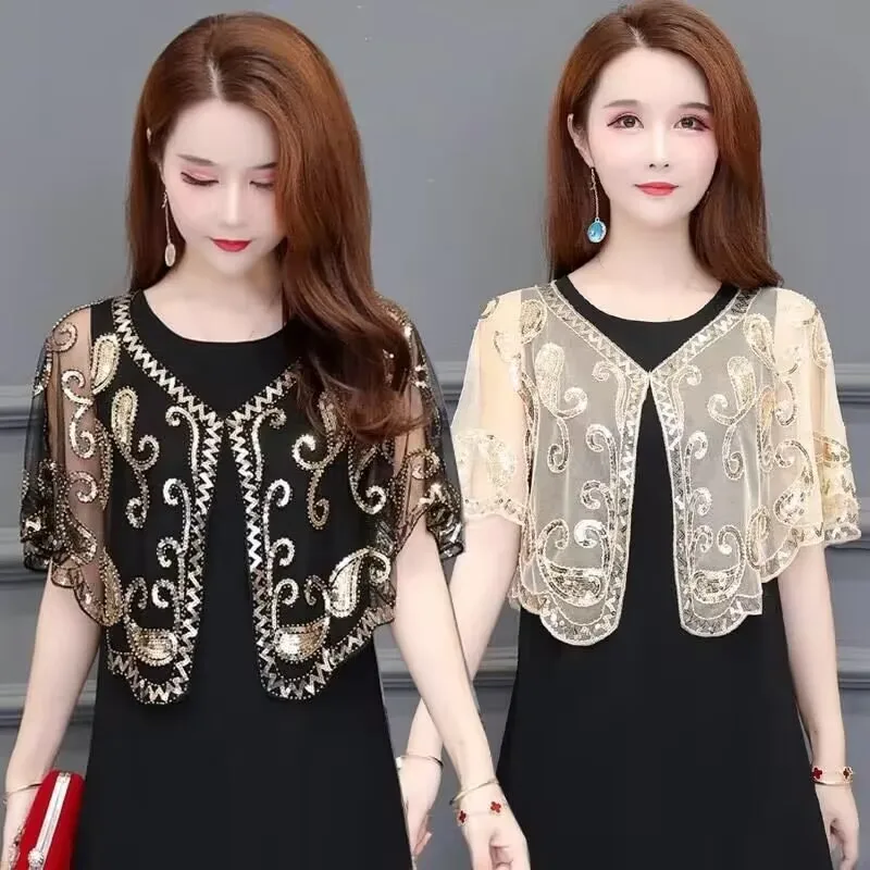 2023 Summer Loose Woman Short Coat Sweet Lace Cardigan Nail Beaded Shawl Female Irregular Sun Protection Shirts Sequins Capelet