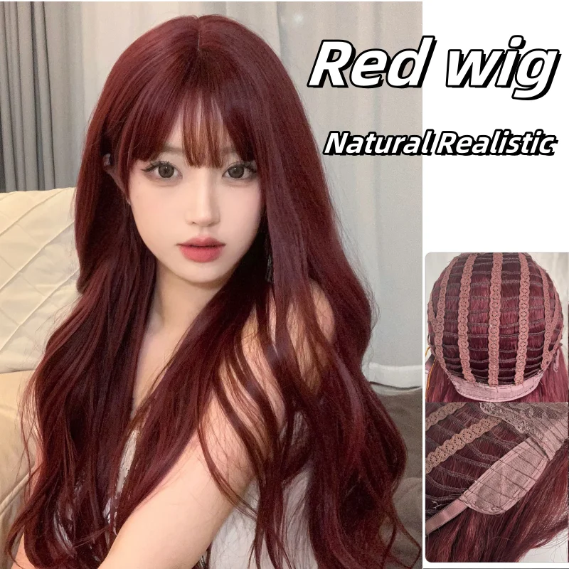 

Красный парик для женщин, 28 дюймов, красный синтетический термостойкий волокнистый кудрявый парик для повседневной носки, натуральный реалистичный парик Лолиты с челкой