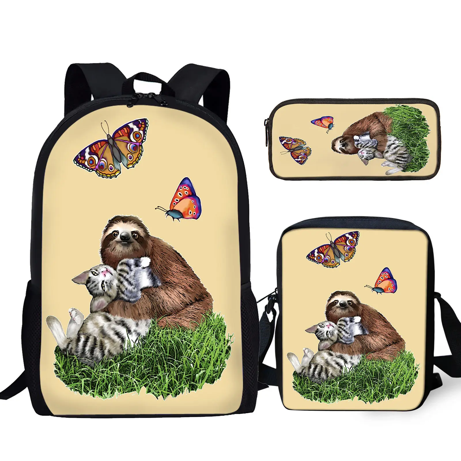 

YIKELUO 3D Cartoon Sloth Butterfly Design Brand Backpack Cat Print Yellow Casual Mochilas Messenger Bag With Zipper Pencil Case