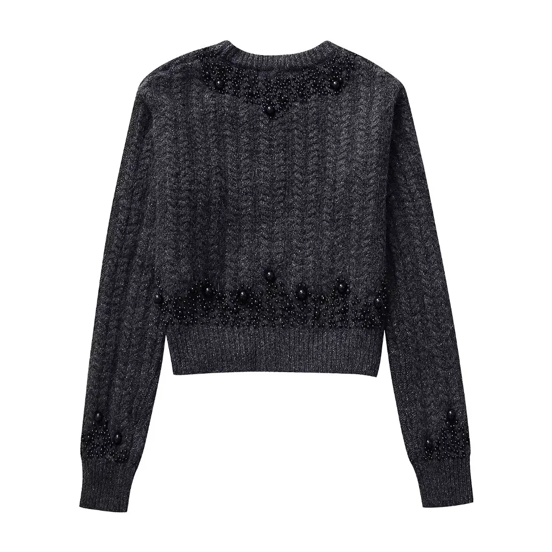 Damemode afslappet strik imiteret perlepynt trøje Kvinde Chic Elegant Langærmet Slank sweater Toppe Mujer_voghion.com