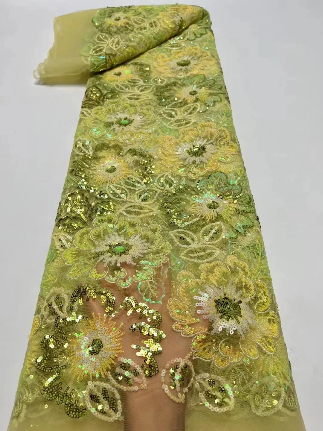 

Yellow African Lace Fabric 2023 High Quality 5 Yards Embroidery 3D Sequins Lace Fabric For Nigerian Wedding Dress Party Women
