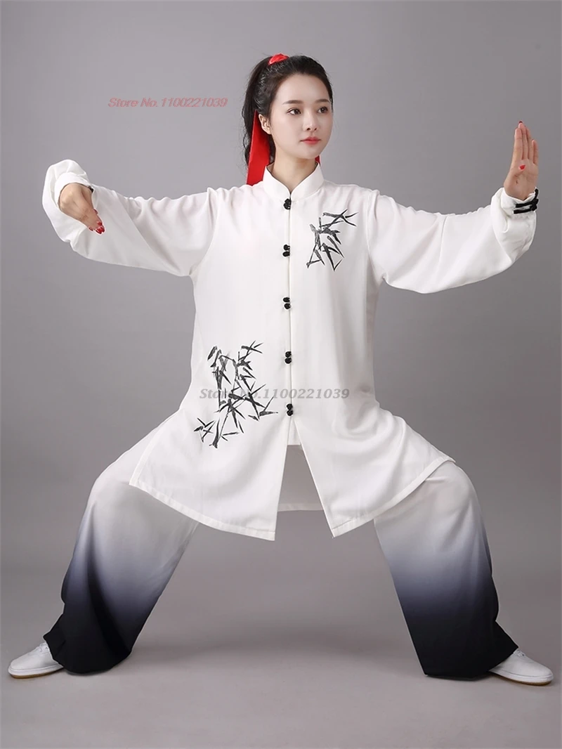 2024 Cinese Tai Chi Uniform Wushu Morning Exercise Tops + Pants Set Bamboo Print Stage Team Performance Kungfu Tai Chi Uniform