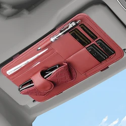 Luxury PU Leather Car Sun Visor Organizer with Multi - Pocket Pouch & Eyeglasses Clip (Red)