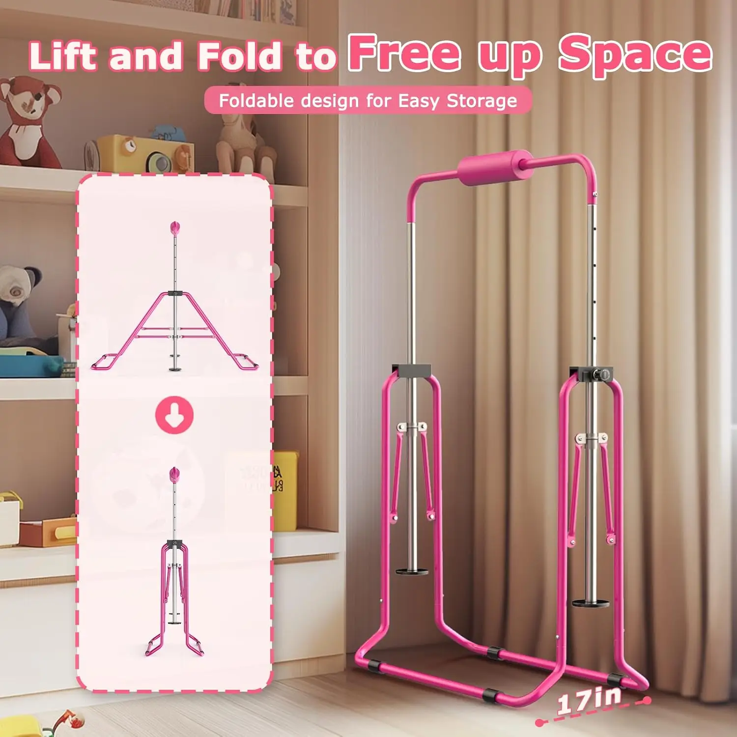 Gymnastics Bar for Kids,Adjustable Height Gymnastic Horizontal Bars,Folding Gymnastic Junior Training Kip Bar for Home, Pink