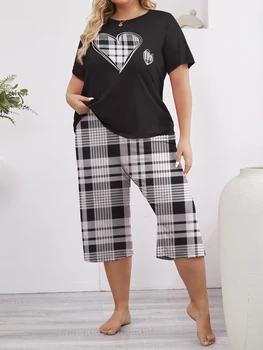 Pigiama da donna di grandi dimensioni casual girocollo a maniche corte t-shirt e pantaloni corti abbigliamento per la casa set da 2 pezzi 1