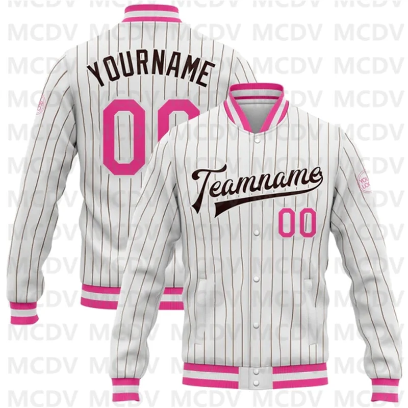 Custom White Brown Pinstripe Pink Bomber Full-Snap Varsity Letterman Jacket 3d Printed Baseball Button Jacket custom white brown pinstripe brown orange bomber full snap varsity letterman jacket