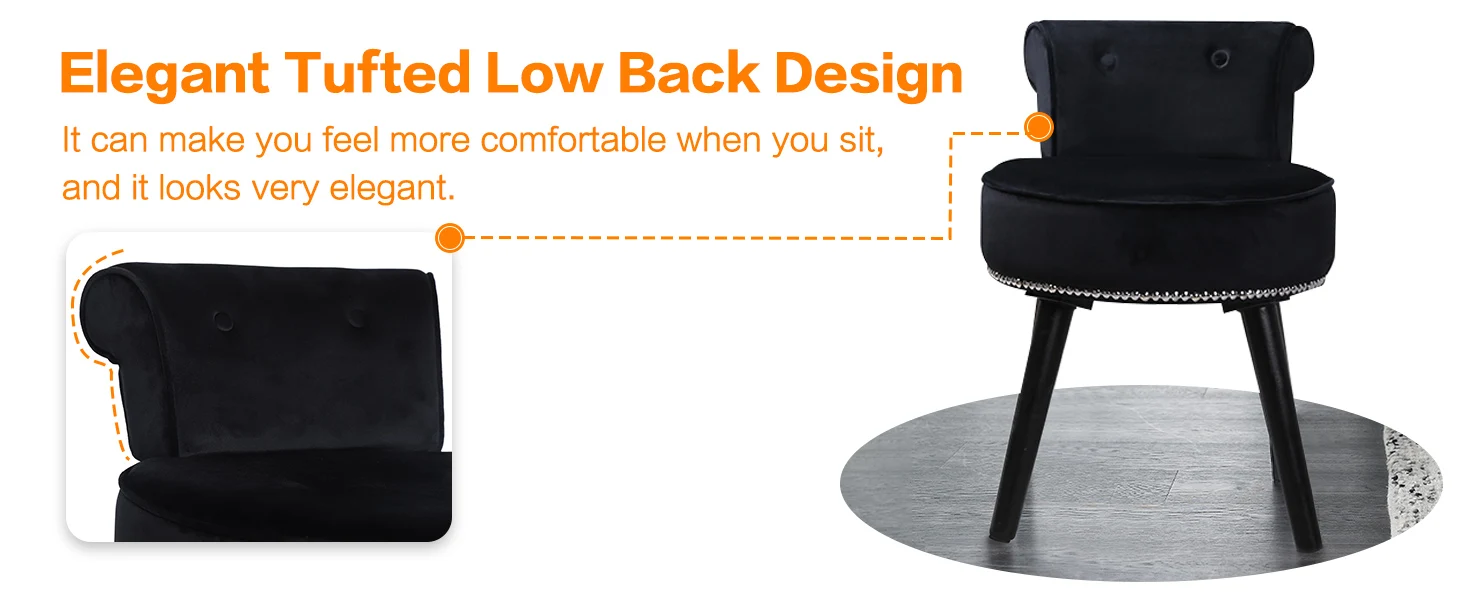 Description Picture 6 of itemMUPATER Makeup Vanity Stool Chair with Low Back, Round Velvet Padded Chair with Wood Legs, Black