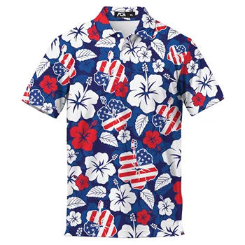 Flowered American Flag Hawaiian Polo Shirt For Men