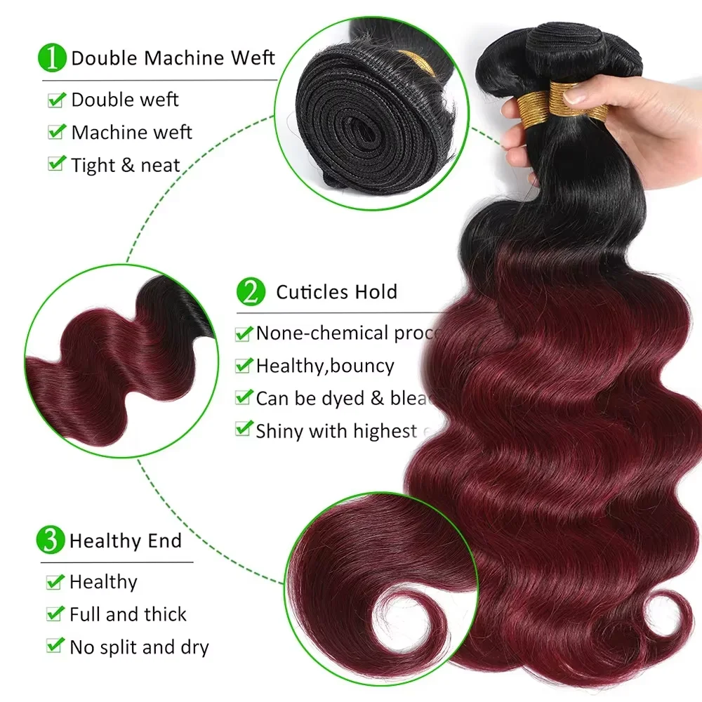 Extension di Capelli Umani Brasiliani 1B/Burgundy con Onde Morbide, 100% Capelli Umani con Chiusura in Pizzo 4x4, Extension Remy - immagine 3