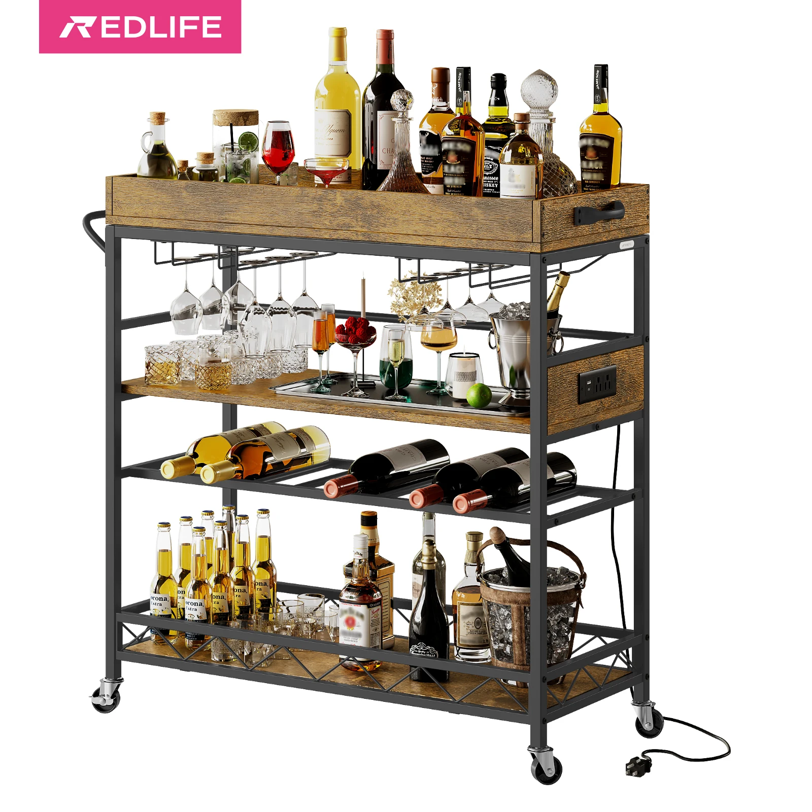 Redlife Home Bar Cart Kitchen Organizer cart Mobile Storage Trolley with Wine Rack and Glass Holders for Living Room Dining Room