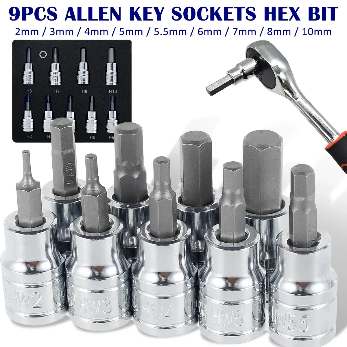 

Sockets Key 9Pcs Bit Drill Hex Metric Set Tools 3/8inch Sturdy Socket Socket Kit Professional Allen Set Durable Impact Drive