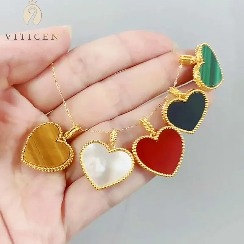 

VITICEN Real 18K Gold AU750 Heart Pendant Clavicle Necklace Natural Agate Malachite Simple Romantic Gifts For Women Fine Jewelry