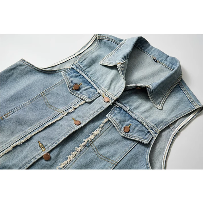 New Unisex Trend Denim Vests Hong Kong Style Casual Fashion Light Blue Lapel Button Denim Sleeveless Tops  Men & Women All