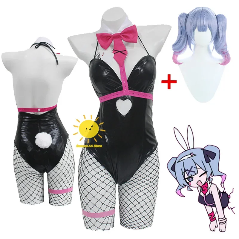 Black Patent Leather Bunny Girl Cosplay Costume with Wig and Accessories