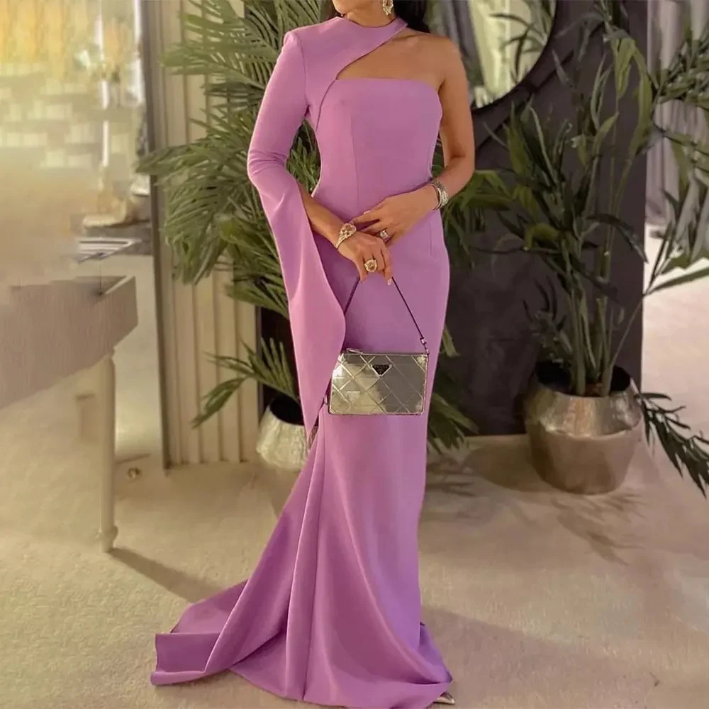 

Lilac Evening Dresses for Women Gorgeous Simple O Neck One Shoulder Mermaid Long Sleeves Prom Dress Wedding Party Dresses 2024