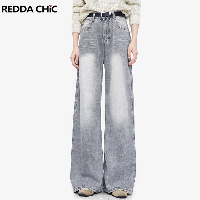 

REDDACHiC Retro Gray Whiskers Baggy Jeans Women Boyfriend Bleached Wide Leg Pants Oversize High Rise Trousers Casual Y2k Clothes