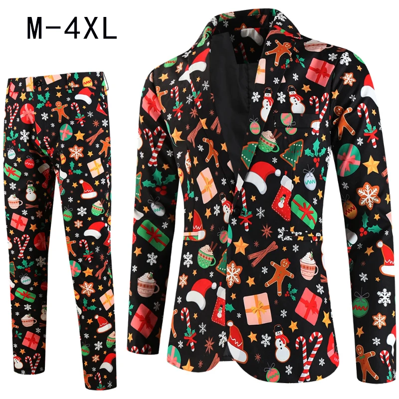 Men's Christmas Suits 2 Pieces Blazers and Trousers Santa Claus Print Slim Fit Men Suit Sets New Year Party Stage Mens Clothing