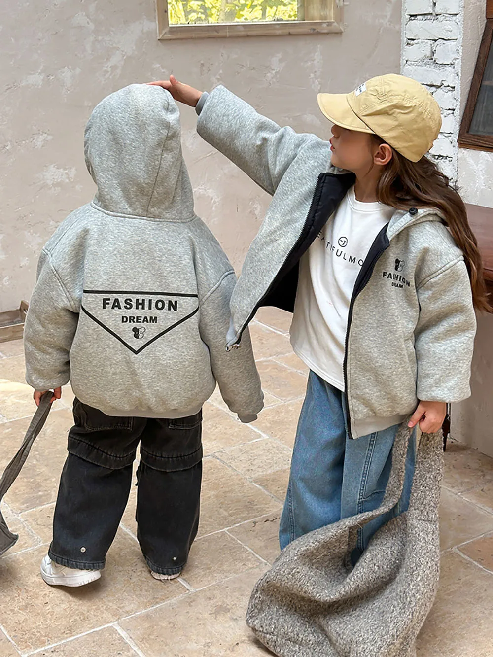 Children Down Coat For Winter Thick Warm Padded Clothes Solid Color Casual Hooded Coat Two-sides Use Boy's Girl's Down Jacket