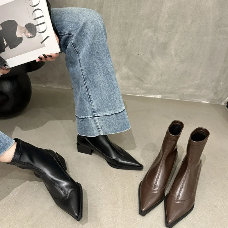 

Women's Pointed Toe Chunky Mid Heel Fashion Boots Fashion Short Boots Women's Sleeve Hundred Women's Boots