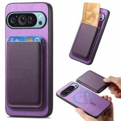 Luxury Leather Card Slot Bag Magsafe Case with Magnetic Wallet Cover - Pixel 9 - 9Pro (Purple)