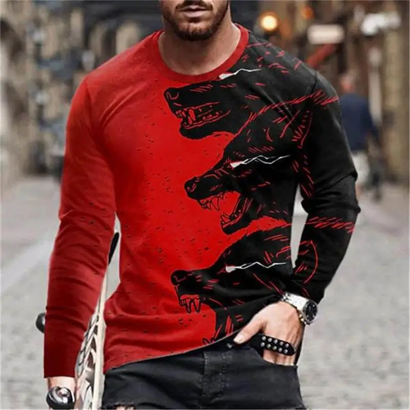 

Men 2023 New T-shirt Personality Animal Print Round Neck Simple Slim Fashion All-match Street Trend Base Layer