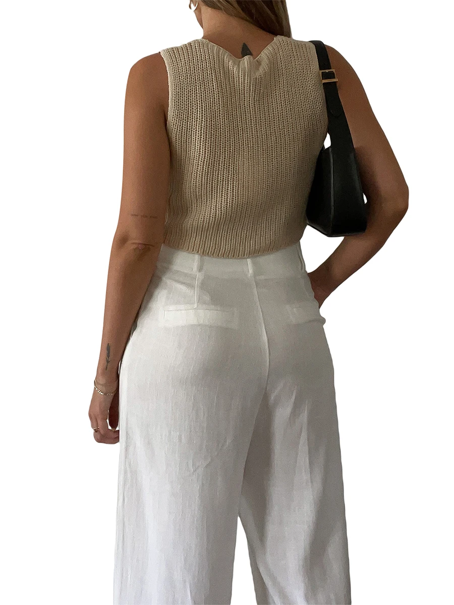

Women s Sleeveless Button V-neck Crop Top Casual Solid Color Knit Tank for Streetwear Clubwear
