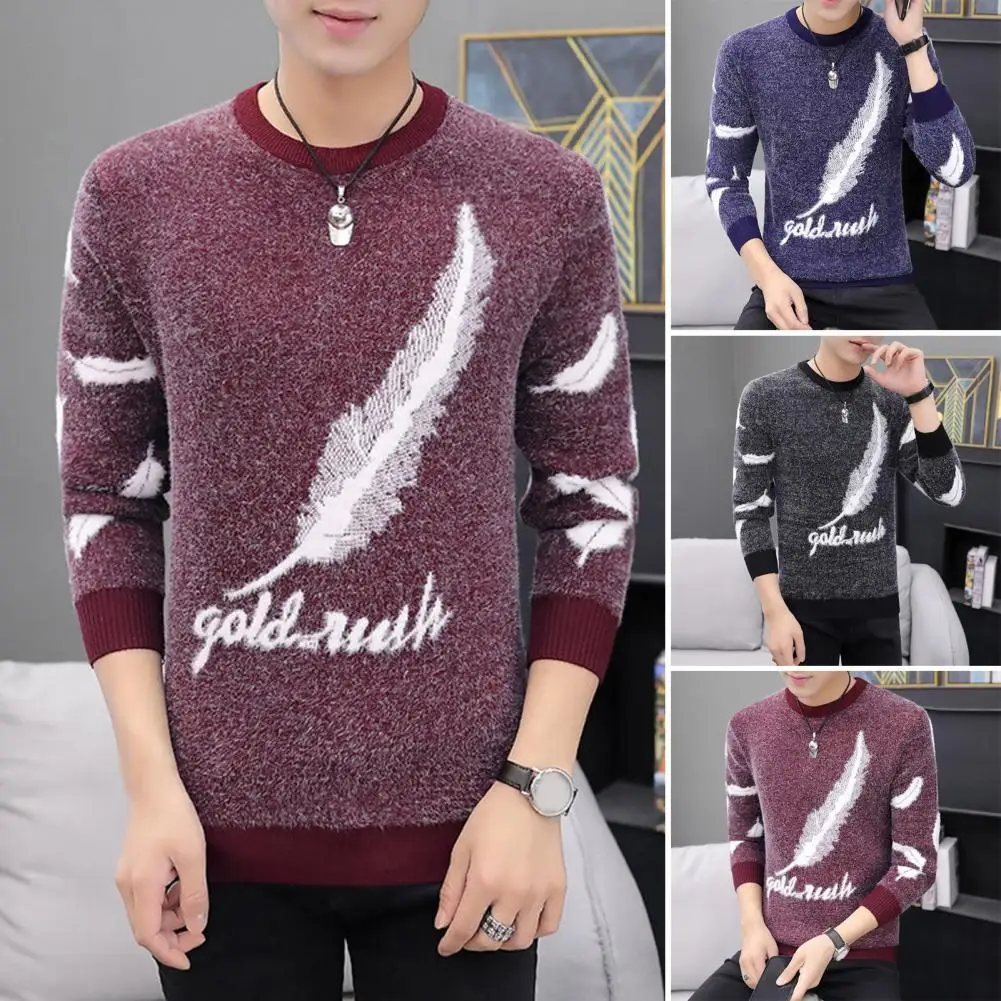 

Long Sleeve Top Stylish Korean Men's O-neck Sweater Feather Print Ribbed Cuffs Slim Fit Trendy Wool Knit Pullover Tops for A