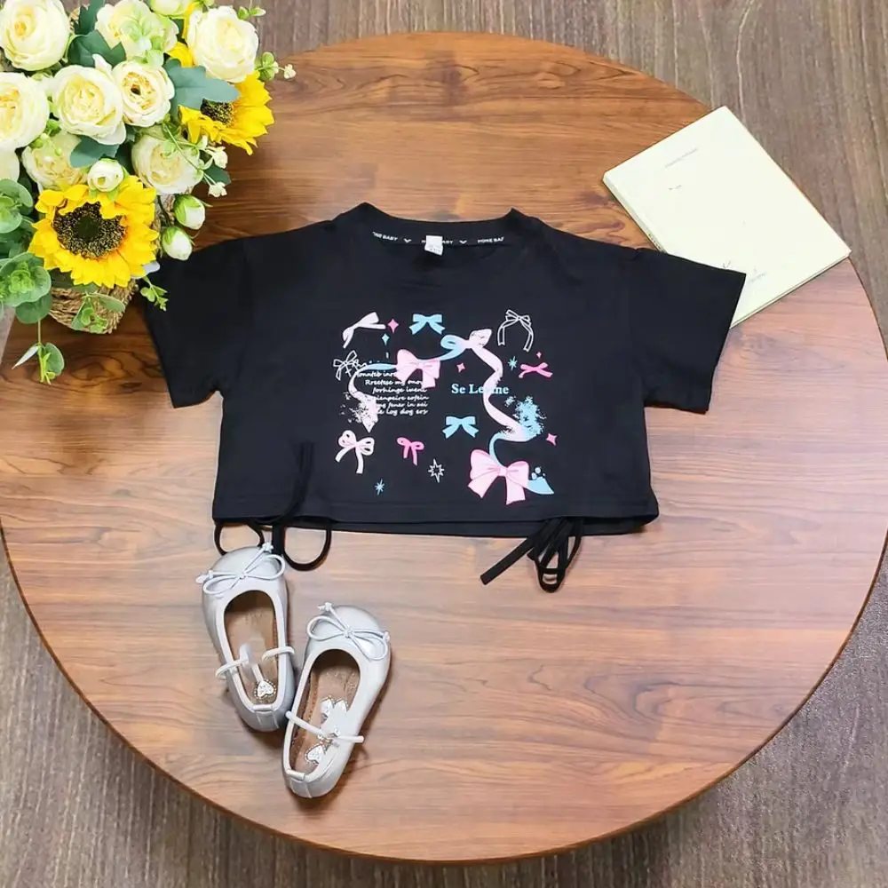 Outfits Y2K Bow Children Cake Skirt Set Pleated Slim Fit T-shirt Skirt Suit Teenagers Sweet Girls Clothes Set Summer