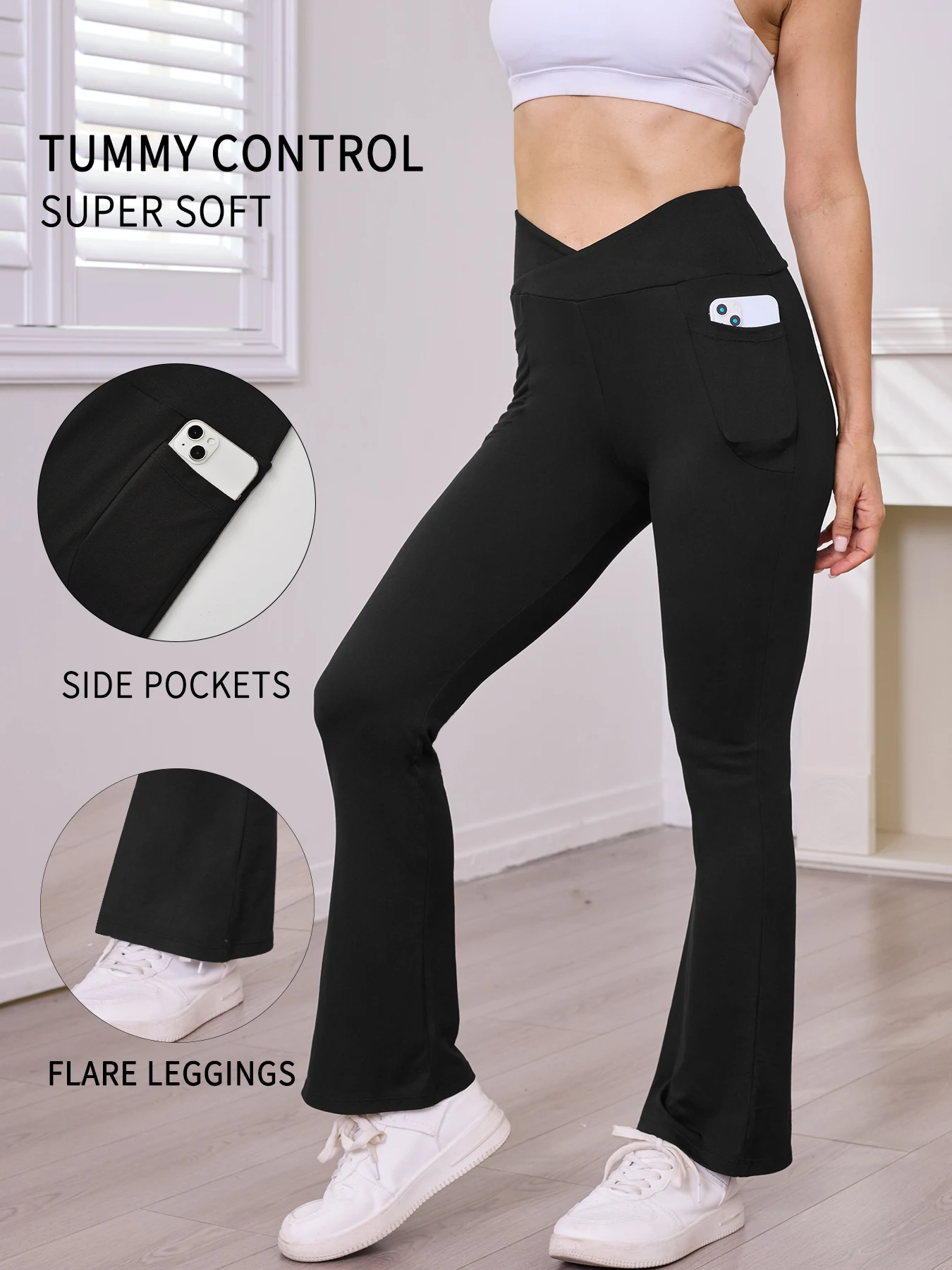 Superweiche Crossover-Leggings für Damen, hochtailliert, ausgestellt geschnitten, mit Taschen, Bauchkontrolle, Yogahose – Detail 7