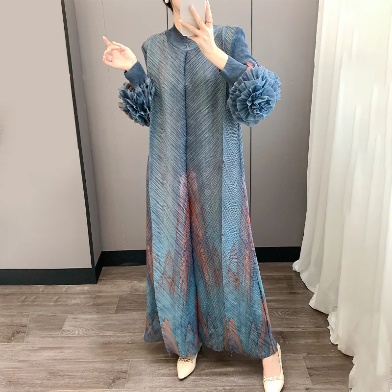 LANMREM Red Pleated Hand-Cranked Floral Print Women's Long Dress Long Sleeve Elegant Temperament Elastic Loose Dresses 2DB4509 - Image 2