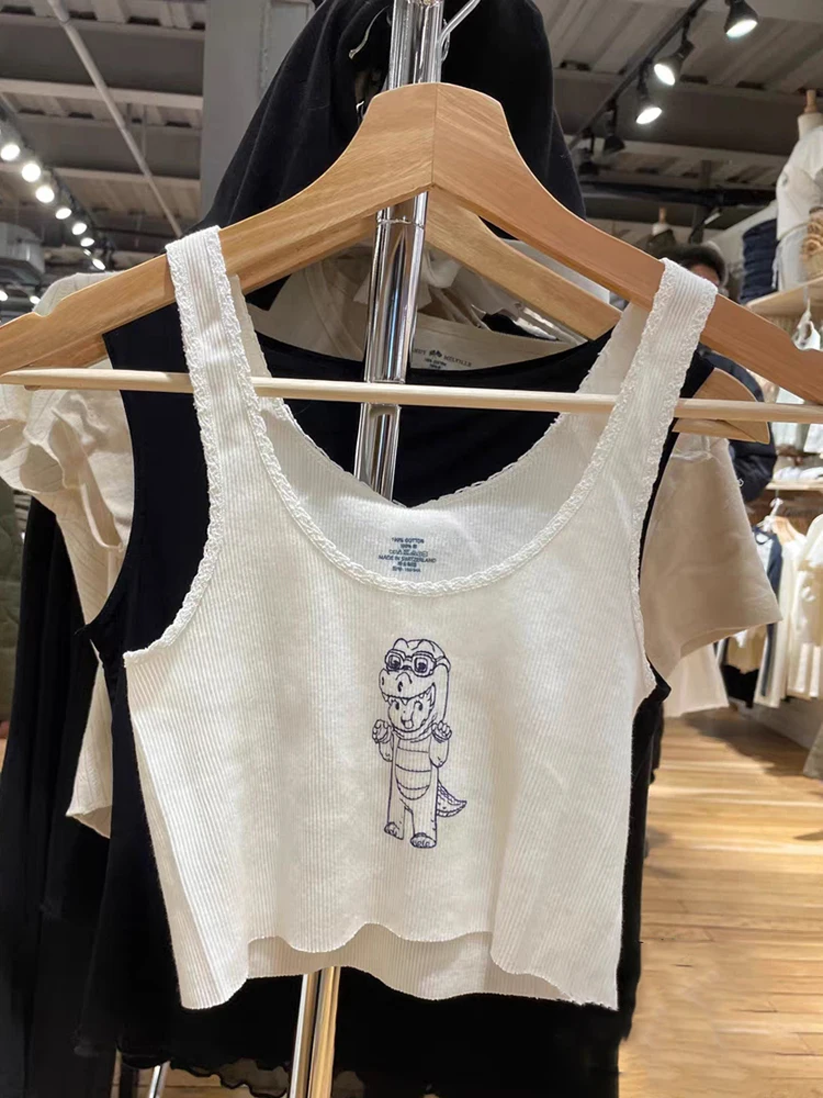 

Dinosaur Angel Print Cute Crop Top Women Sweet Lace Trim Cotton Sleeveless Summer Tank Tops Casual Summer Ribbed Slim Vests Y2k