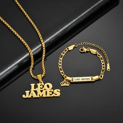 Custom Engrave Chirldren's Name Bracelets 30cm Necklace Stainless Steel Jewelery Sets for Kids Baby Personlized Christmas Gift