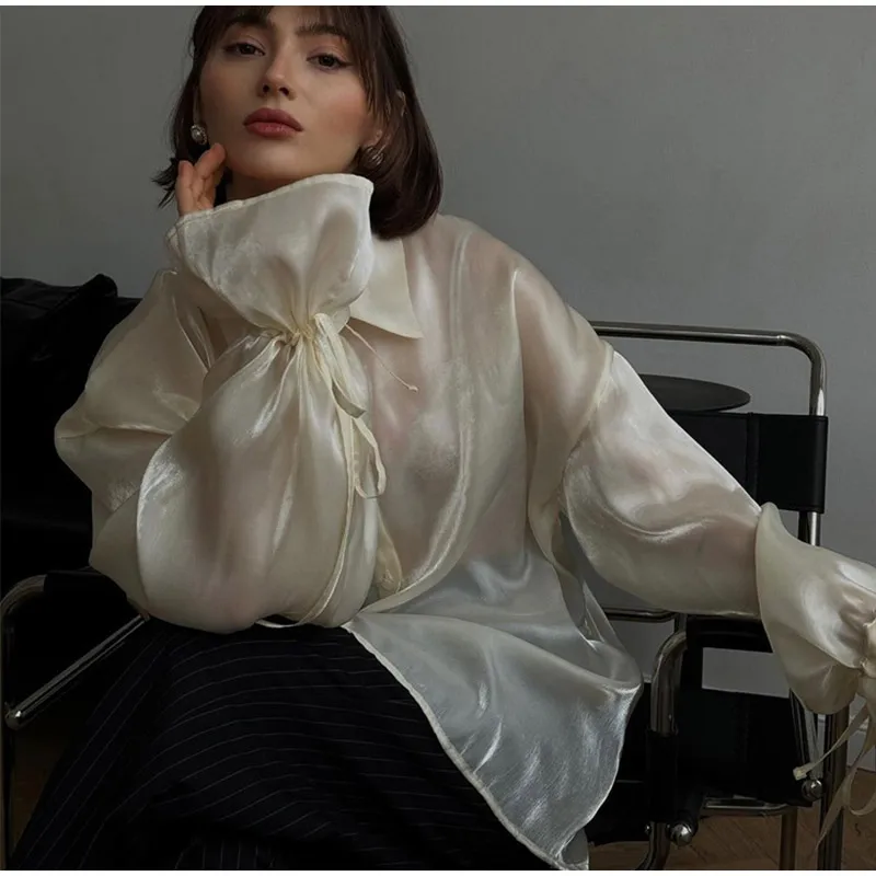 Camisas vintage lisas con mangas acampanadas y cuello alto para mujer, elegantes camisas con solapa y botonadura sencilla con cordones, blusas elegantes de calle para mujer