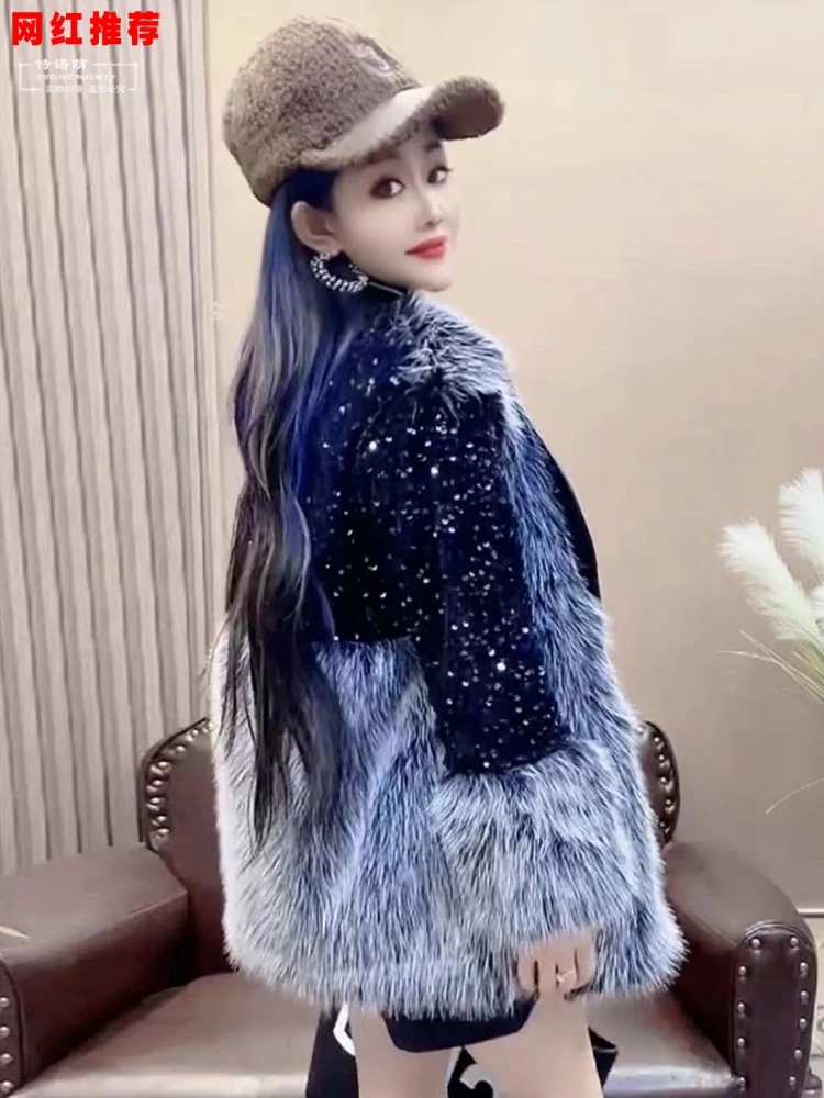 European Winter New Fashion Fur Stitching Double Face Wool Leather Mid-Length Coat Women's Heavy Sequins Long Sleeve Jackets