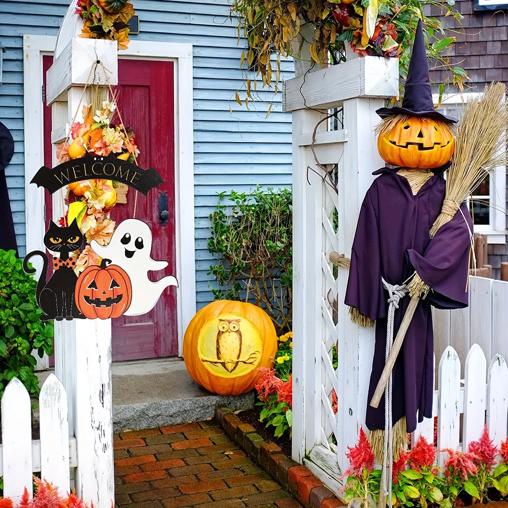 Halloween Wooden Cross Border Home Decoration Crow Pumpkin Ghost Creative Decoration Door Number Halloween Pendant