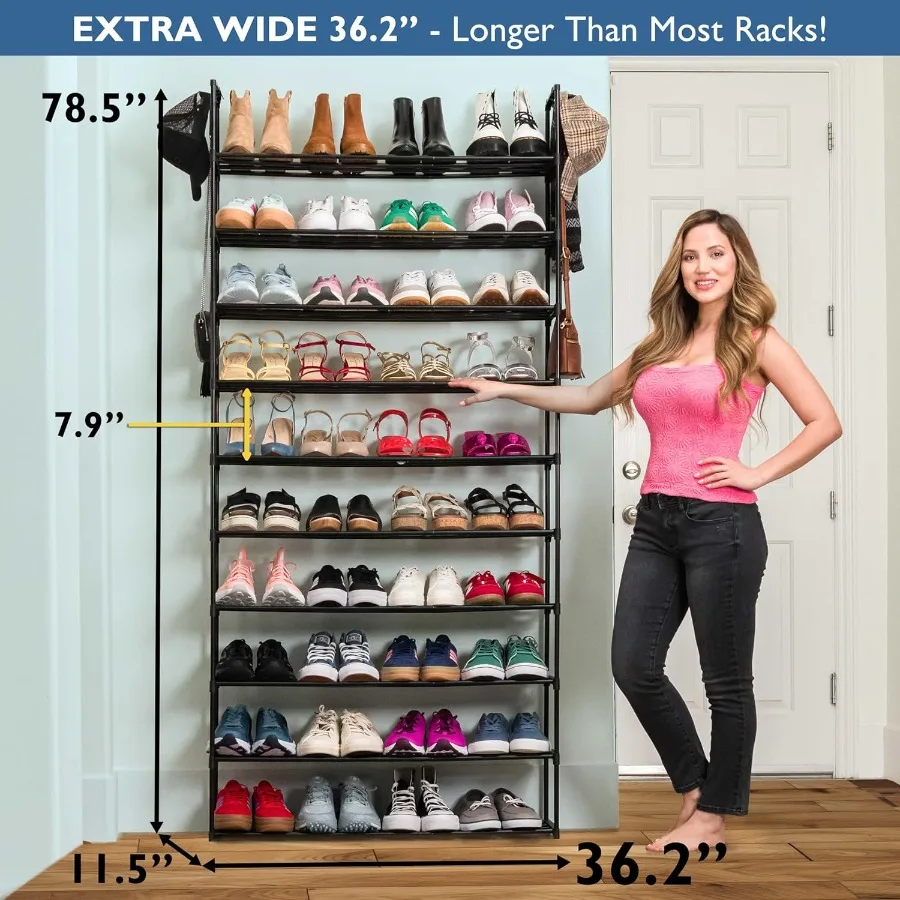 Shoe Rack 10 Tier Metal Shoe Rack for Front Door Entrance Sturdy Tall Shoe Organizer for Closet Bedroom Entryway Garage Black M