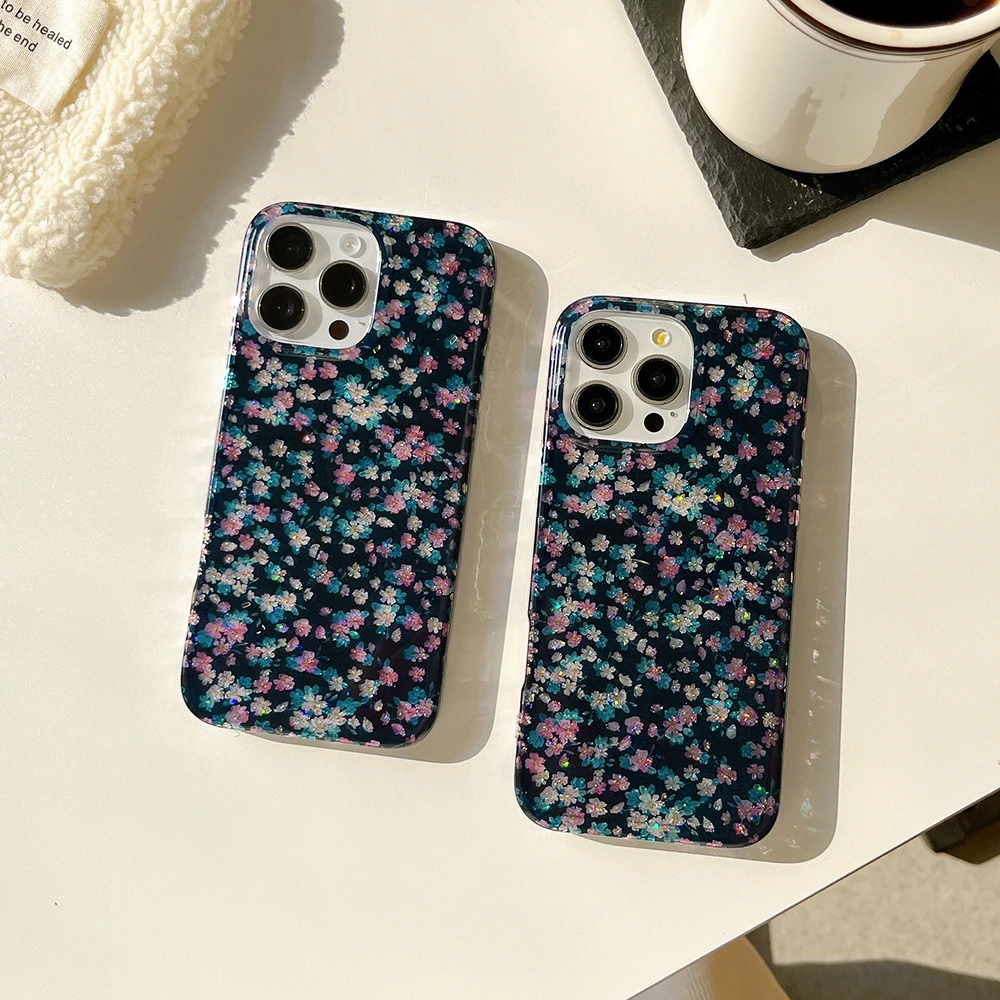 Charming Vintage Dark Green Floral Glitter Phone Case with Colorful Blooms