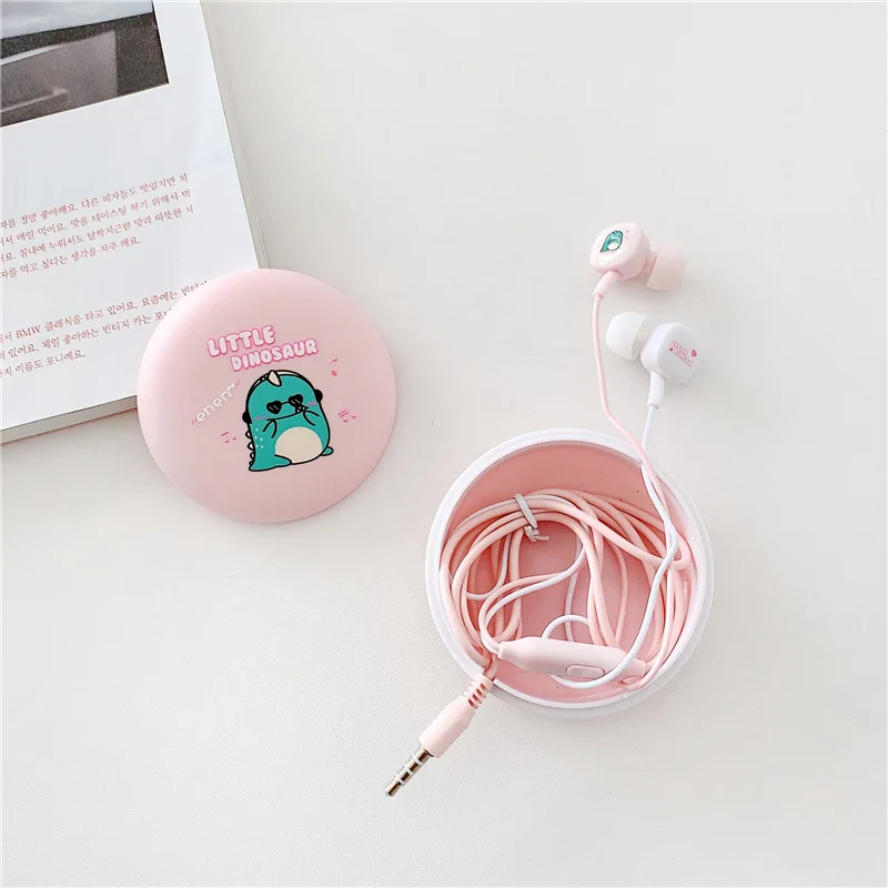 2022 New Cute Cartoon Dinosaur Headphone Stereo Wired Earphones With Storage Box Daughter Children Adult Earbuds For Gift