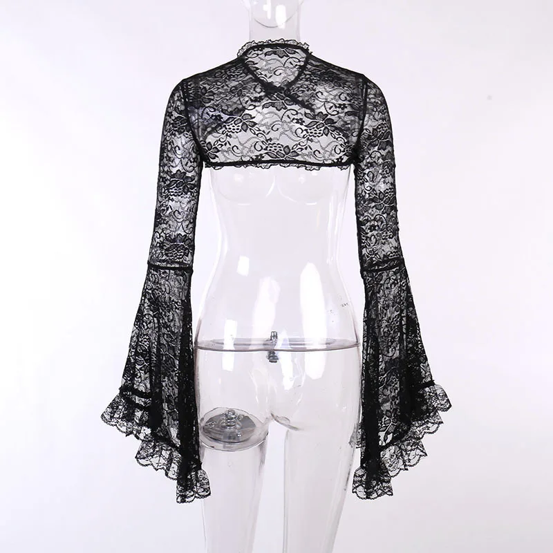 Black See Through Floral Lace Flare Sleeve Extra Short