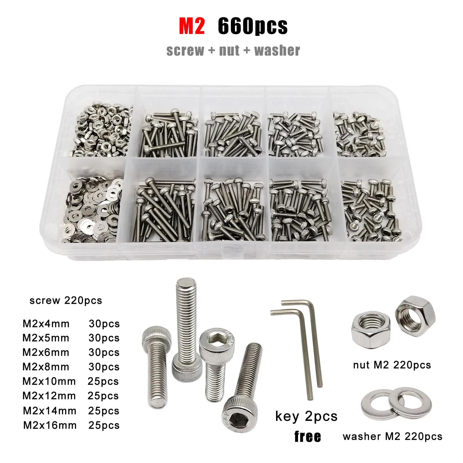 Hexagon Socket Allen Cap Head Screw Bolt Nut Assortment Kit 304 A2 Stainless Steel DIN912 M1.6 M2 M2.5 M3 M4 M5 M6 M8 1 Box